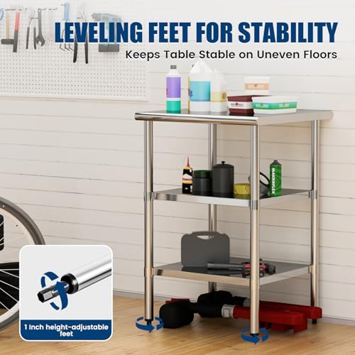 Stainless Steel Work Table 24 x 24 Inch with 2 Adjustable Undershelves, Heavy-Duty Metal Prep Table for Commercial Kitchen & Restaurant, Garage, Outdoor - Image 6