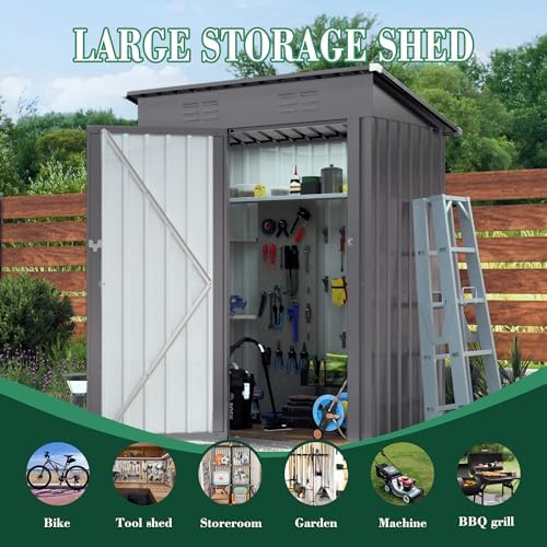 Outdoor Storage Shed 5x3x6FT Pitched Roof, Galvanized Steel Garden Shed with Lockable Door & Window, Waterproof Metal Tool Storage for Garden, Backyard, Patio, Lawn - Image 4