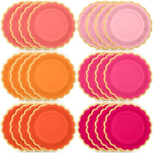 48 Pcs Pink and Orange Paper Plates 9 Inch Scalloped by Tiangrid