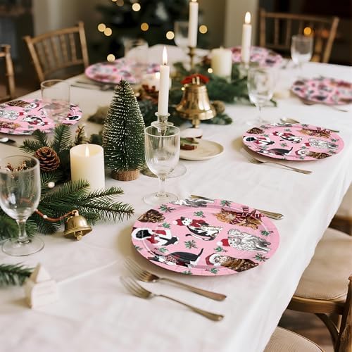 WRAPAHOLIC 25Pcs Christmas Paper Plates - 9 Inch Pink Mistletoe and Cat Disposable Plates Decorative Dinner Plates for Christmas Party Tableware Supplies Table Decor - Image 5