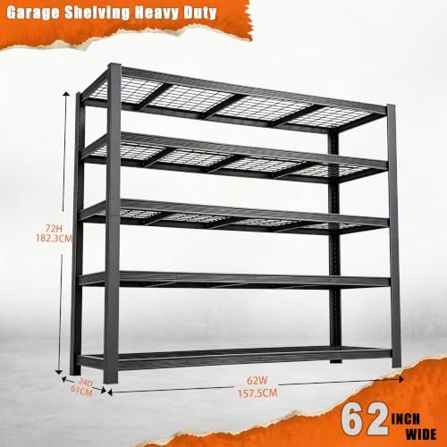 62" W Storage Shelves Unit,5 Tier Heavy Duty Metal garage Shelving Unit - Image 3