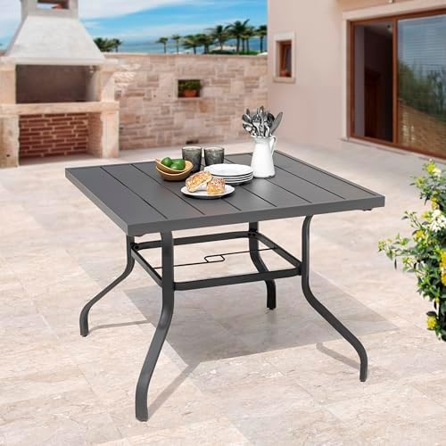 NUU GARDEN 37" Outdoor Patio Table, Square Steel Slat Dining Table for 4 with 1.57" Umbrella Hole, Powder-Coated Iron Frame and Slatted Top for Patio, Garden and Balcony, Gray - Image 4