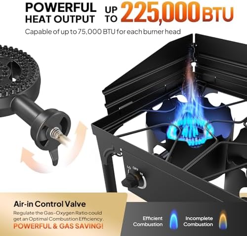 ROVSUN 3 Burner Propane Gas Stove with Side Shelf & Carrying Bag, 225,000BTU Outdoor Burner with Wind Panel & CSA Listed Regulator, Picnic Cooker for Home Patio Cooking Camping Brewing Turkey Frying - Image 2