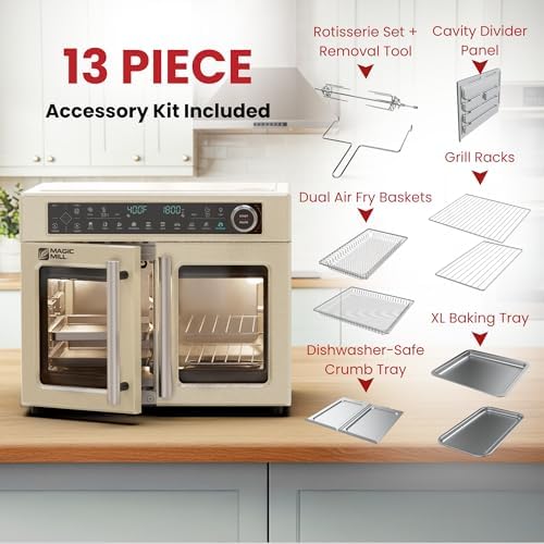 Magic Mill Ultra-Premium Dual-Zone Stainless Steel Air Fryer Toaster Oven Combo, Extra Large 32QT French Door Convection Oven with Next-Gen Patent Technology, 13 Accessories, Rotisserie, Sync Finish - Image 6