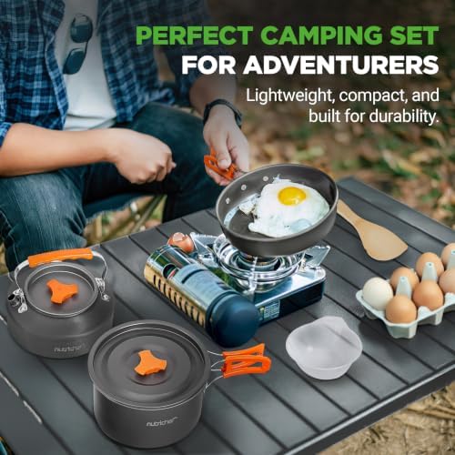 NutriChef Camping Cookware Set - Lightweight Nonstick Pots, Pans, Utensils, Bowls, Cutlery, and Cleaning Tools with Mesh Bag, Foldable Handles, Compact Outdoor Cooking Gear for Hiking & Travel (Grey) - Image 2