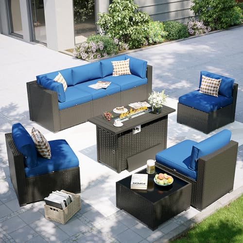 Aoxun Patio Furniture Set with Fire Pit Table, 8 Piece Outdoor Sectional Sofas, Wicker Rattan Outdoor Furniture with Thickened Cushion for Backyard, Garden Navy Blue by Aoxun