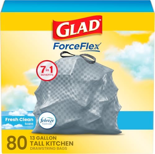 Glad Trash Bags, ForceFlex Tall Garbage Bags, 13 Gallon Grey Trash Bags for Tall Kitchen Trash Can, Fresh Clean with Febreze Freshness to Eliminate Odors, 80 Count (Packaging May Vary) by GladTrashFoodStorage