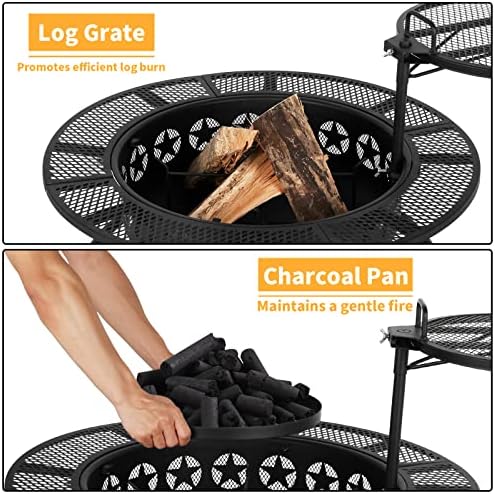 Hykolity 35 Inch Fire Pit with 2 Cooking Grate & Charcoal Pan, Outdoor Wood Burning BBQ Grill Firepit Bowl with Cover Lid, Steel Round Table for Backyard Bonfire Patio Picnic - Image 5