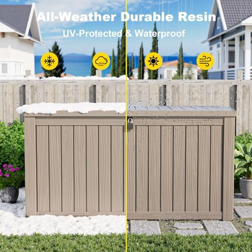 ROJIK Outdoor Storage Housing Deck Box - Waterproof Patio Furniture, Garden Tools, Cushions, Pool Accessories Storage Bench with Lockable Lid and Side Handles (Grey, 180 Gal) - Image 5
