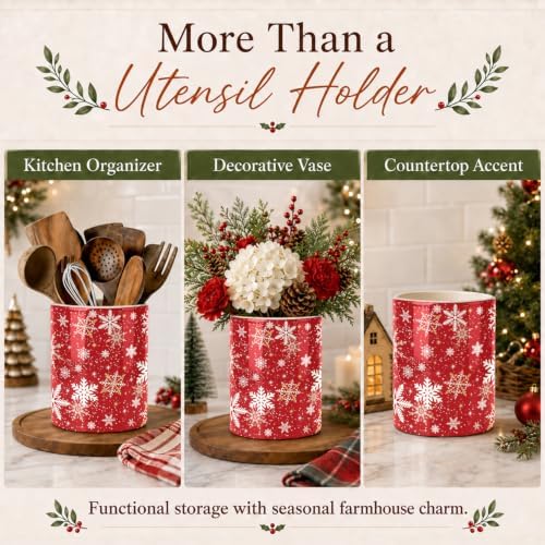 Christmas Snowflake Red Kitchen Utensil Holder, Xmas Winter Large Ceramic Utensil Holder For Countertop Organizer, 6.3'' Cooking Utensil Crocks Festivel Decor Utensil Storage Cup for Kitchen - Image 7