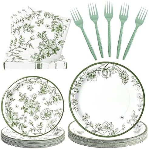 100 Pcs Disposable Sage Green Flower Tableware Set for 25 Guests by COSINIA