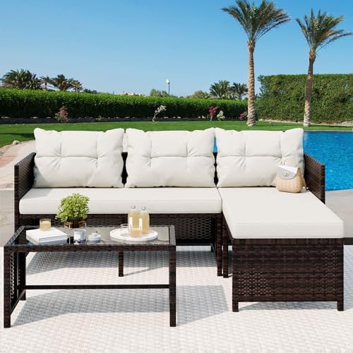 Vongrasig 3 Piece Patio Furniture Sets, All-Weather PE Wicker Outdoor Sofa Couch Sectional Set, Small Conversation Set for Garden/Patio w/Cushion, Glass Table, (Beige) - Image 2
