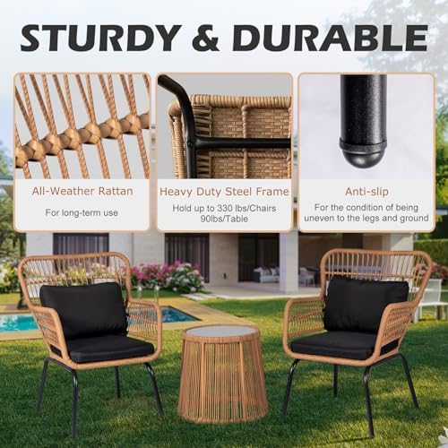 3 Piece Outdoor Wicker Furniture Bistro Set, Rattan Chairs Conversation Sets with Solar Light, Wicker Patio Furniture for Balcony Poolside Backyard, Black - Image 5