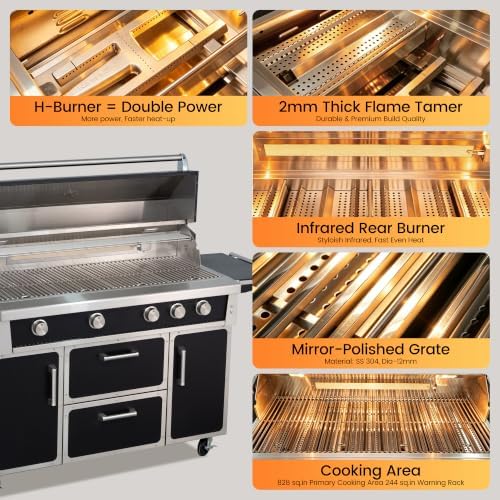 49" Stainless Steel Propane Gas Grill, 4 Burners & Infrared Burner, Black - Image 6
