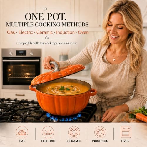 Pumpkin Dutch Oven, 4 qt Enameled Cast Iron Cooking Pot with Lid - Image 5
