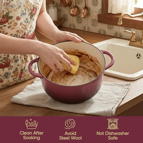4.5 Quart Dutch Oven Pot with Lid, Non Stick Enameled Cast Iron Dutch Oven for Bread Baking, Heavy-Duty, Oven Safe Ceramic Cookware Up to 500°F for Baking, Braising, Stews, Roasting, Rose - Image 6