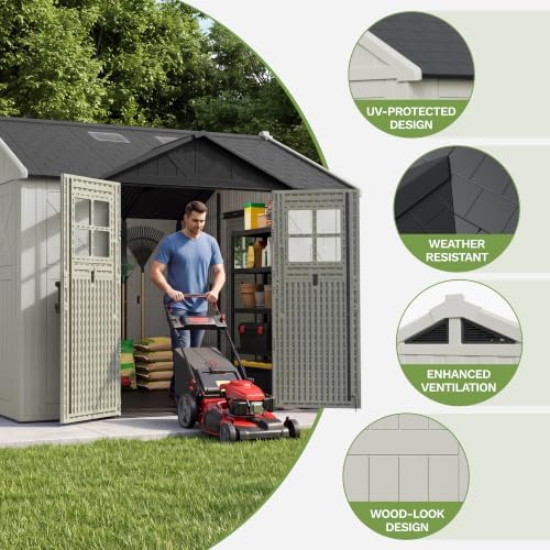 Patiowell 10x10 FT Resin Outdoor Storage Shed with Floor & 3 Lockable Doors - Image 4