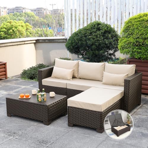 Oasishine 3 Pcs Patio Furniture Set Outdoor Sectional Wicker Patio Furniture Patio Couch Outdoor Storage Table with Lining All-Weather Non-Slip Cushions Waterproof Covers, Khaki - Image 2