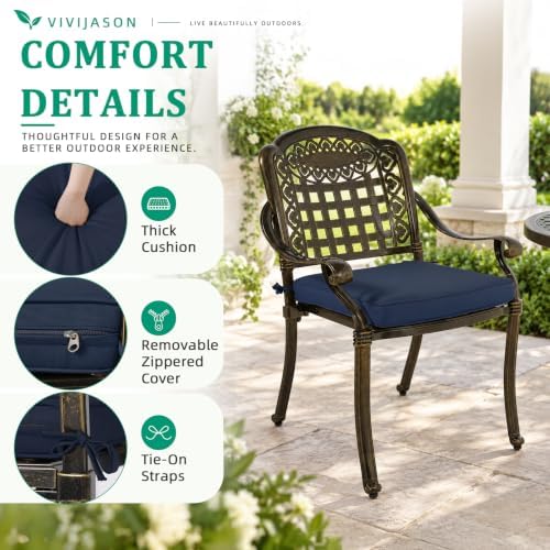 VIVIJASON 5-Piece Patio Furniture Dining Set, All-Weather Cast Aluminum Outdoor Conversation Set, Include 4 Cushioned Chairs and 1 Round Table w/Umbrella Hole for Balcony, Backyard, Navy Blue Cushion - Image 4