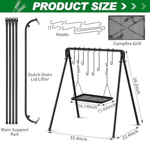 Rossesay Grill Swing Campfire Stand Campfire Cooking Equipment Adjustable Camping Accessories Cookware Hanging Rack with 8 Hooks and Portable Grill Stand for BBQ Picnic Outdoor Party - Image 2