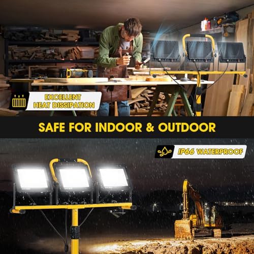 Zetunlo 21000Lumen LED Work Lights with Stand - 3 Head Portable Work Light with 16FT Cord - IP66 Waterproof Tripod Worklights for Outdoor Indoor Job Site Workshop Garage Construction Site Lighting - Image 6