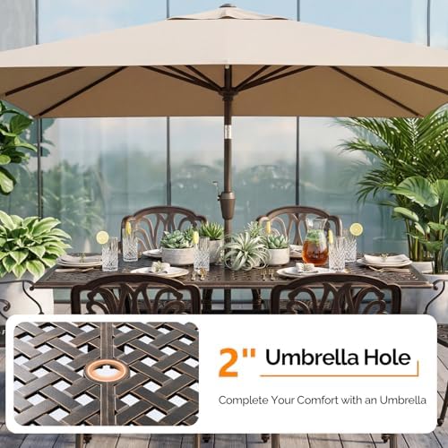 VINGLI 7-Piece Outdoor Dining Set, Cast Aluminum Patio Furniture Set for 6 with Umbrella Hole, Rectangular Outdoor Dining Table & 6 Stackable Chairs, All-Weather Garden/Poolside Dining Set Bronze - Image 3