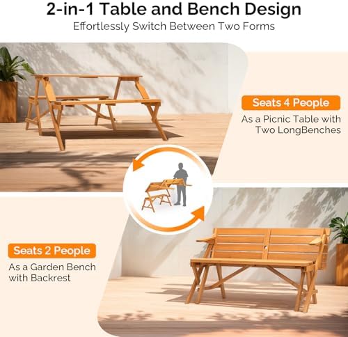 VINGLI 2-in-1 Outdoor Wooden Picnic Table and Bench Set with Umbrella Hole – Convertible Design for Garden, Patio, Porch, Deck – Natural Wood - Image 4