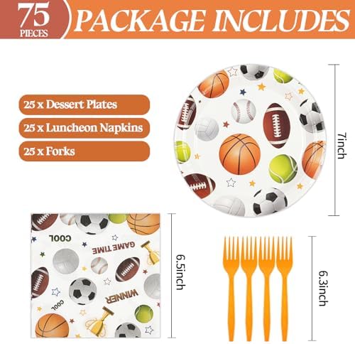 75PCS Sports Birthday Party Decorations, 7Inch Sports Theme Party Plates and Napkins Baseball Football Soccer Basketball Volleyball Disposable Tableware Set Party's Supplies for Birthday Baby Shower - Image 3