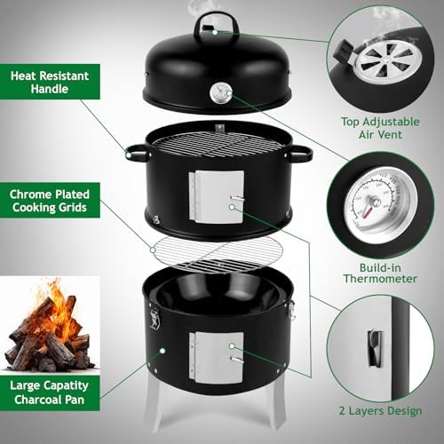 VINGLI 3-in-1 Vertical Charcoal Grill, 18.5'' Round Charcoal Smoker with Built-in Thermometer, Air Vent and 2 Access Doors, Perfect for Outdoor Cooking, Camping, Picnics, BBQs, and Tailgating Parties - Image 6