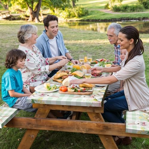 Easter Picnic Table Cover with Bench Covers, Camping Essentials, Easter Buffalo Plaid Rabbit Eggs Flower Outdoor Table Covers, Waterproof, Fitted Tablecloth Cover with Elastic Edge, 3 PCS, 30x60 Inch - Image 4