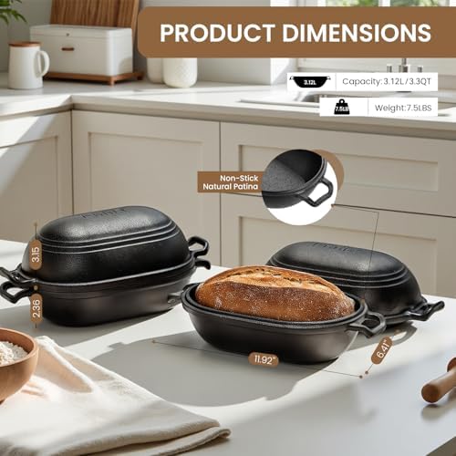Cast Iron Loaf Pan with Lid-Bread Baking Pan for Sourdough,Pre-Seasoned Oval Dutch Oven, 9 x 5-4/5 Inch Loaf Pans for Homemade,Heavy Duty with Even Heating - Image 2