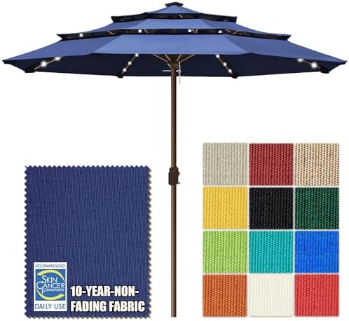 EliteShade USA 10-Year-Non-Fading 10ft 3-Tier Market Patio Umbrella, Commercial Table Umbrella with 80 Solar LED Lights, Crank Open, Windproof & UPF 50+ UV Protection for Garden, Deck, Pool, Backyard, No Tilt, Navy Blue by EliteShade