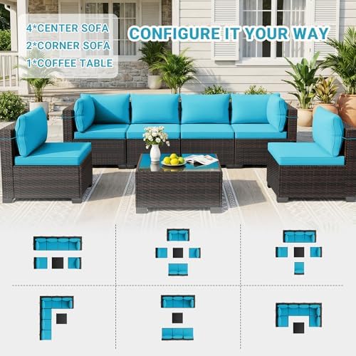 LEVELEVE 7-Piece Outdoor Patio Furniture Sets, Manual Weaving Rattan Conversation Sectional Sofa with Tempered Glass Coffee Table, All-Weather PE Wicker & Thick Cushions for Garden, Backyard, Porch - Image 3