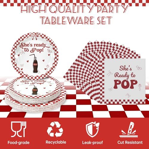 She's Ready to Pop Party Decorations 25 Guests，125 Pcs Baby Shower Paper Plates Napkins Forks Set Tableware，Disposable Red Gingham Paper Plates Set for Camping, Picnic, Baby Shower Party Decoration - Image 3