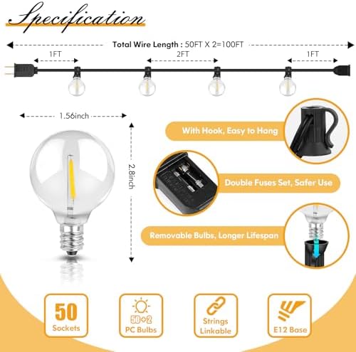 100FT LED Outdoor String Lights Patio Light with 52 Shatterproof G40 Dimmable Globe Bulb, 2-Pack 50FT Waterproof Outside Hanging String Light for Christmas Backyard Porch Balcony Gazebo Party - Image 6