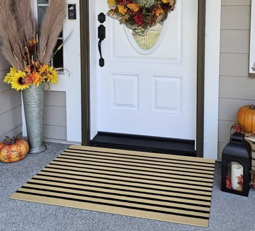 Black and Khaki Outdoor Rug -2.3'x3.6',Fall Washable Striped Outdoor Rug - Image 5