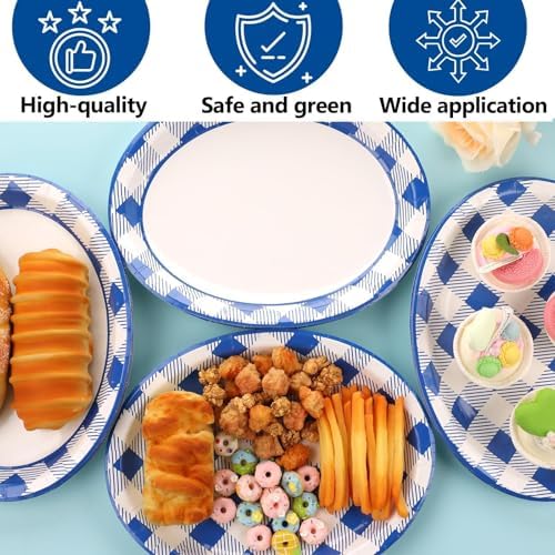 Qyeahkj 50 PCS Blue and White Checkered Oval Paper Plates Large 11” Disposable Picnic Dinner Party Decorations BBQ Supplies Favor for Holiday Baby Shower Birthday Party Tableware Set - Image 2