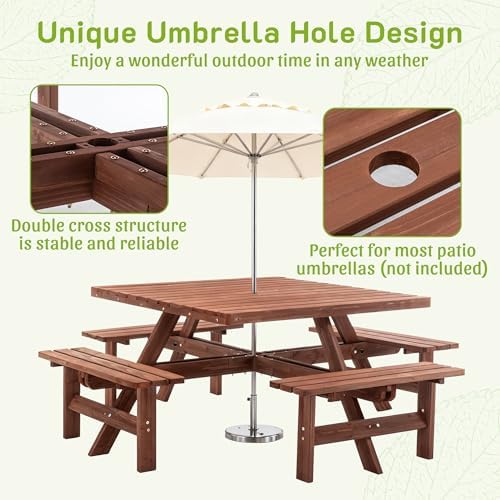 6-8 Person Square Picnic Table with Umbrella Hole Waterproof & Sturdy Cross StructureOutdoor Camping Wooden Dining Tables Set for Backyard Garden Camping Easy Clean,46.1",Brown - Image 5