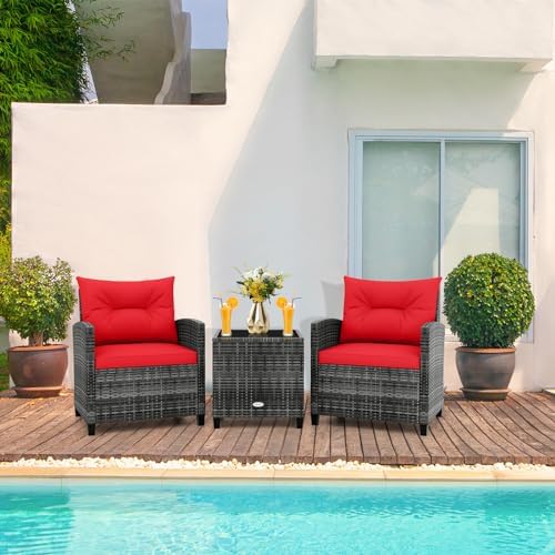 RELAX4LIFE Wicker Patio Furniture Sets - 3 Pieces Rattan Sofa Set, Outdoor Conversation Set with Tempered Glass Tabletop, Heavy-Duty Steel Frame, Wicker Chair Set for Poolside, Backyard (Grey-Red) - Image 2