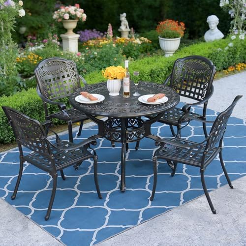 MEETWARM 5 Piece Patio Dining Set, Outdoor All-Weather Cast Aluminum Dining Furniture Set Includes 4 Chairs and 1 Round Table with Umbrella Hole for Garden Deck by MEETWARM