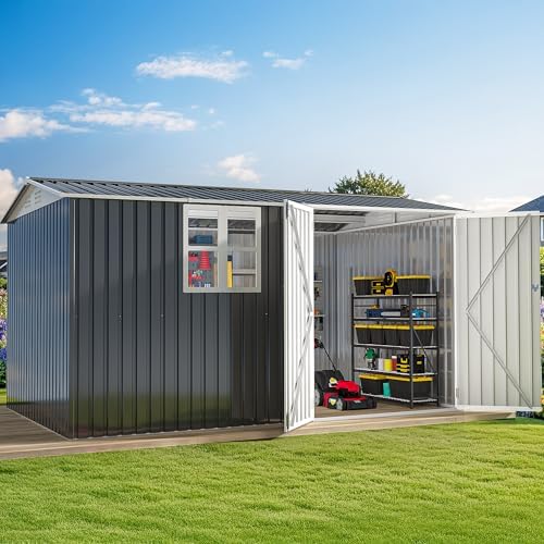 DWVO 12x8 FT Outdoor Storage Shed, Metal w/Lock & Window - Gray/White - Image 2