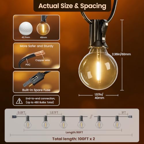 RTTY 200 FT Outdoor String Lights Waterproof, Outside Patio Light 104 Bulbs - Image 3