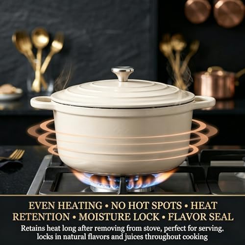 Nonstick Enameled Cast Iron Cookware Set - 8 Piece Pots and Pans with Lid, Frying Pan, Skillet, Dutch Oven Set for All Stovetops, Ideal for Sourdough Bread Baking, Cream White - Image 3