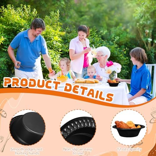 24 Pack 12 oz Disposable Plastic Bowls Dessert, Ice Cream, Salad, Soup Serving Cups for Party, Picnic, Food Snacks (Black) - Image 3