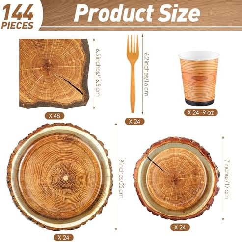 Kochorie 144 Pieces Rustic Wood Party Supplies, Wood Grain Slice Tableware Sets Including Disposable Paper Plates Napkins Cups Forks Serves 24 for Camping Birthday Forest Themed Party Decorations - Image 2