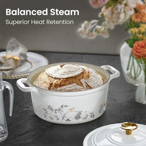 CAROTE Cast Iron Dutch Oven Pot with Lid, 5QT Enameled Floral Dutch Ovens with Gift Box, Cast Iron Pot for Sourdough Bread Baking, Braising, Stews, Roasting, All Stovetop Compatible, Oven Safe, White - Image 6
