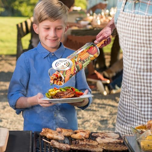 2PCS Nesting Grill Baskets with Removable Wooden Handles(11.8" x 3.9"), 304 Stainless Steel Rolling Barbecue Grill Mesh for Vegetables and Shrimp, BBQ Accessory Gifts for Men, BBQ Net Tube - Image 6
