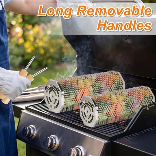 2 Pcs Octagonal Rolling Grill Basket, Polished 304 Stainless Steel - Image 6