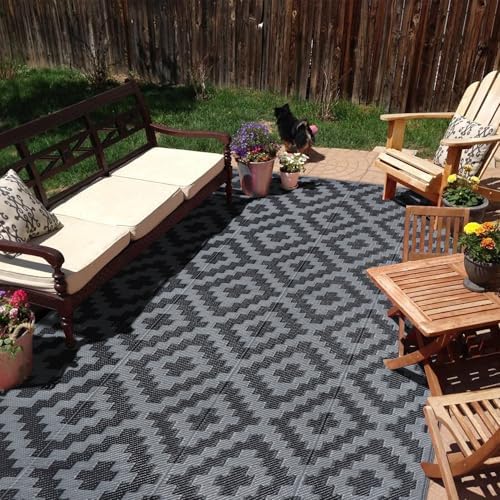 SAND MINE Waterproof Outdoor Rug 5x8 ft, Plastic Reversible Rug, Modern Area Rug, Large Floor Mat for Outdoors, RV, Patio, Backyard, Deck, Picnic, Beach, Camping, Black Grey Lattice by SANDMIND