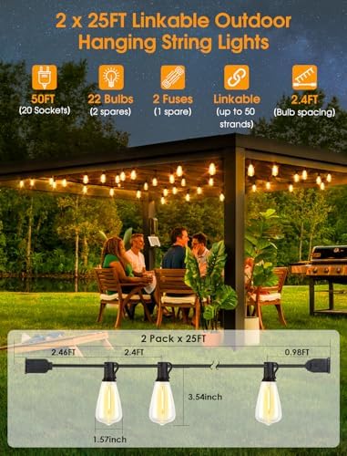 Larkvue 50FT(2x25FT) Outdoor String Lights, Patio Lights with 20+2 LED Dimmable Waterproof ST38 Vintage Bulbs for Backyard Bistro Cafe Deck, Black - Image 2